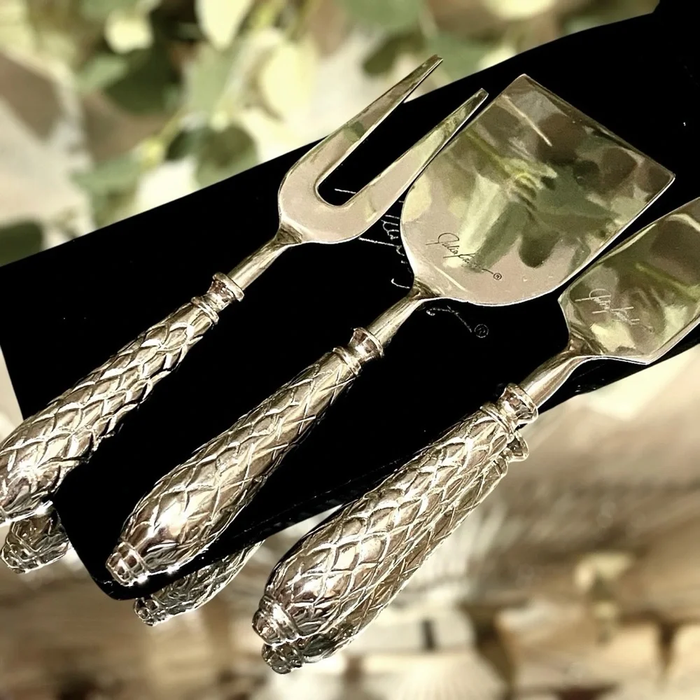 Vintage Julia Knight 3 Piece Cheese Serving Set Silver Florentine Charcuterie